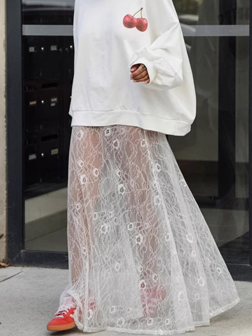 Embroidered Floral Lace Sheer Maxi Skirt - White