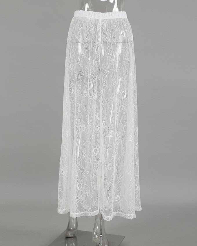 Embroidered Floral Lace Sheer Maxi Skirt - White - 1