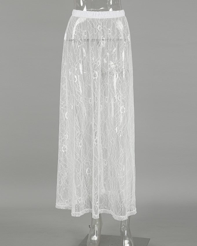 Embroidered Floral Lace Sheer Maxi Skirt - White - 2