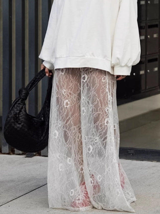 Embroidered Floral Lace Sheer Maxi Skirt - White - 3