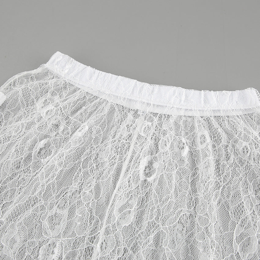 Embroidered Floral Lace Sheer Maxi Skirt - White - 5