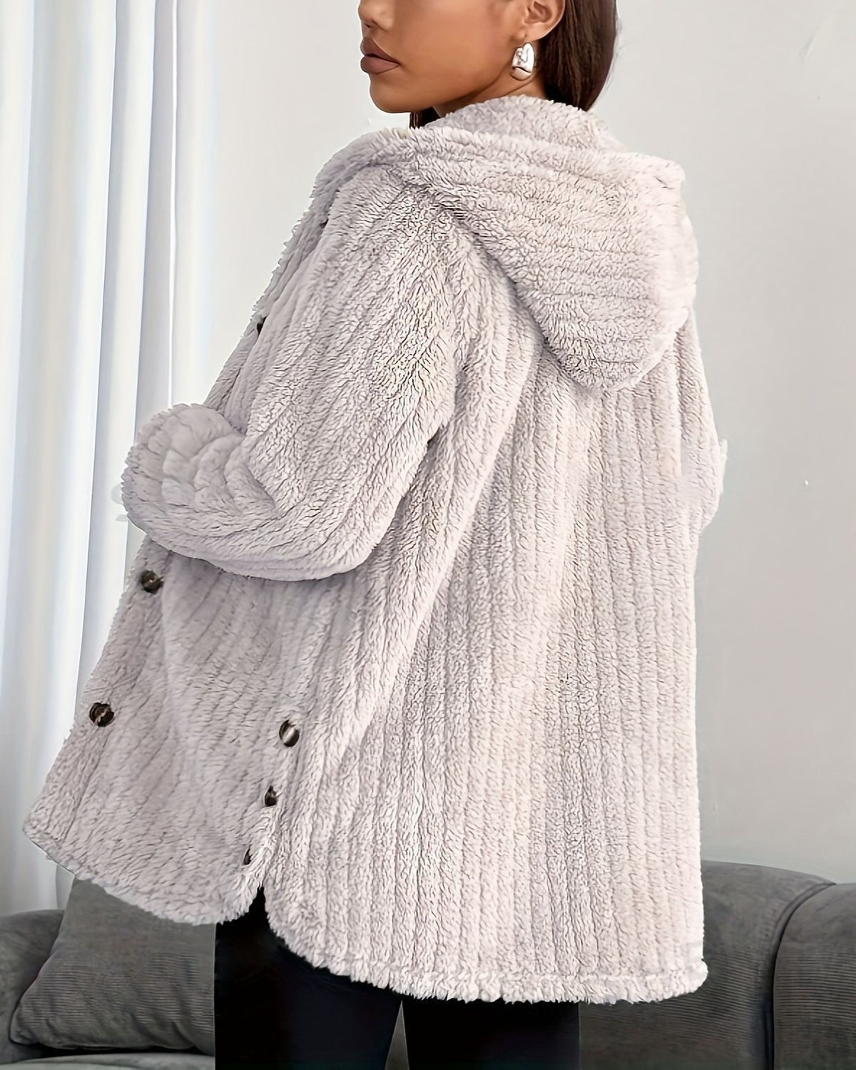 Ribbed Plush Hooded Button Up Teddy Coat - Apricot - 1