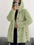 Ribbed Plush Hooded Button Up Teddy Coat - Green