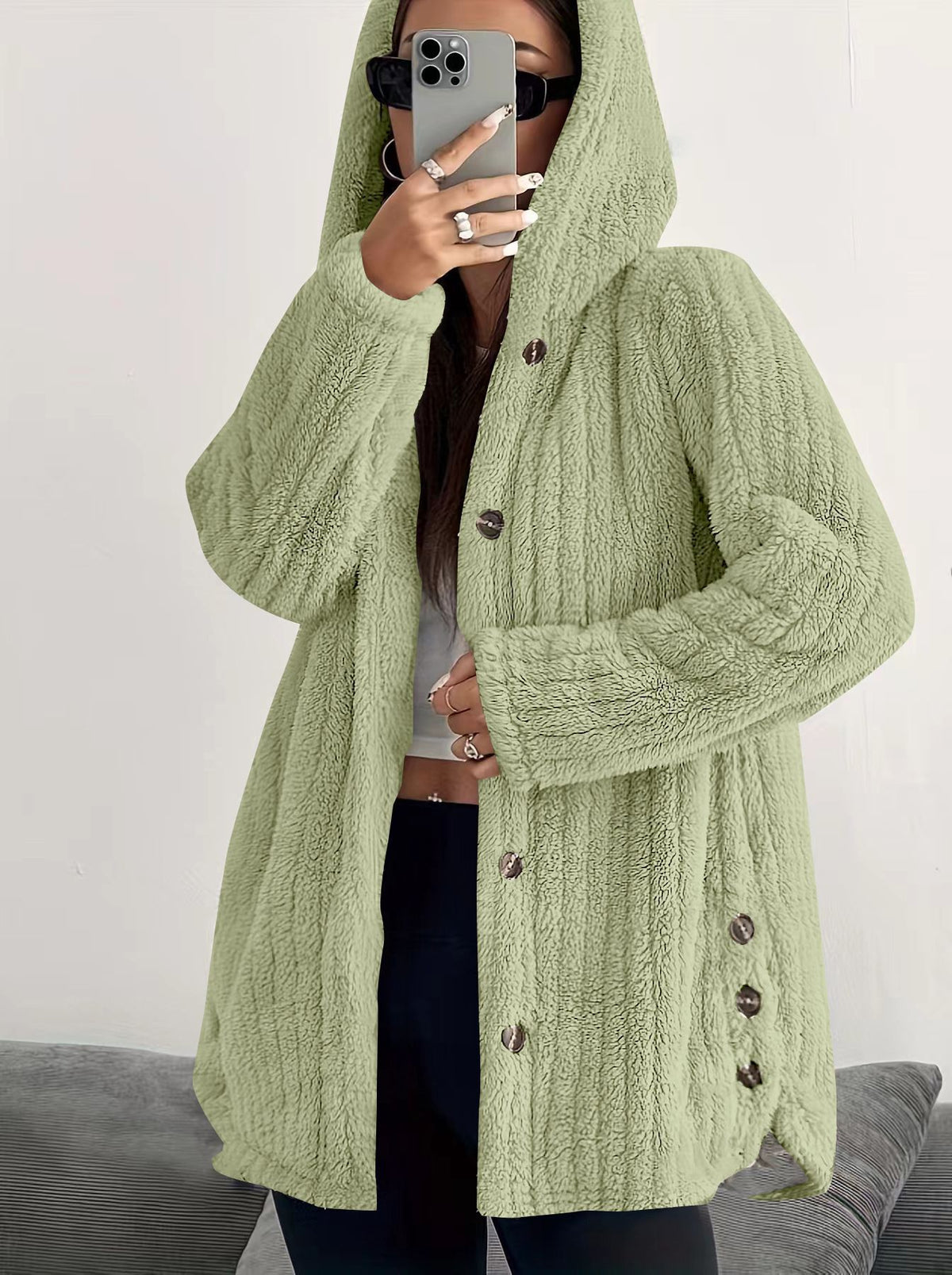 Ribbed Plush Hooded Button Up Teddy Coat - Green
