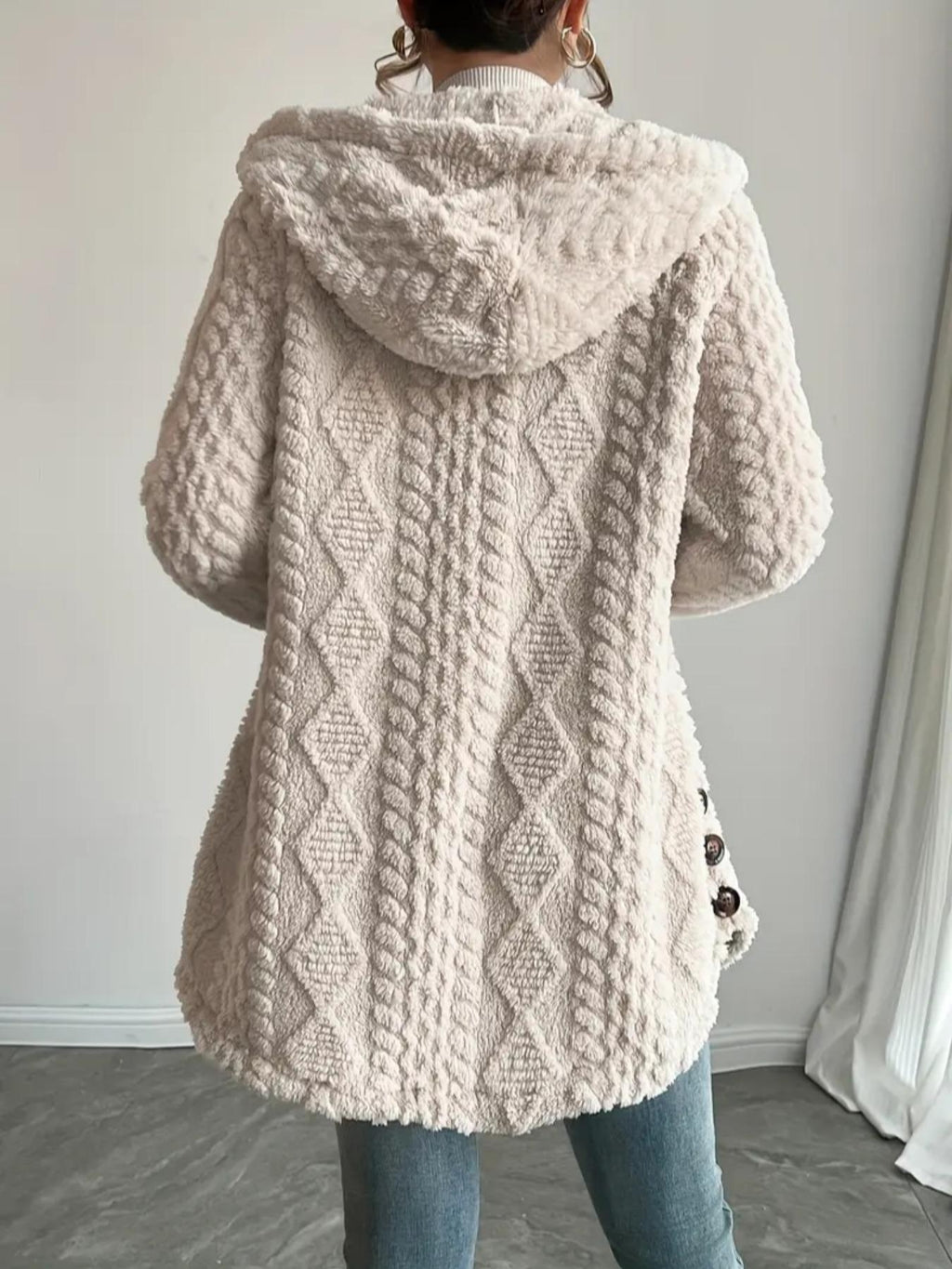 Hooded Textured Fleece Button Front Jacket - Apricot - 8