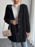 Hooded Textured Fleece Button Front Jacket - Black