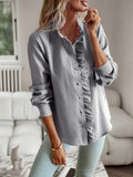 Ruffle Placket Button Down Textured Shirt - Black