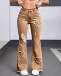 Y2K Heart Shaped Ripped Flare Jeans - Brown