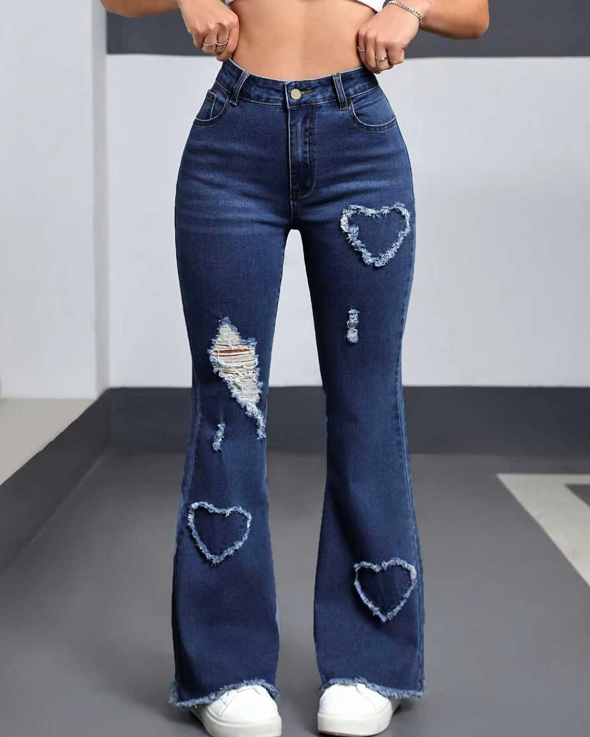 Y2K Heart Shaped Ripped Flare Jeans - Dark-Blue