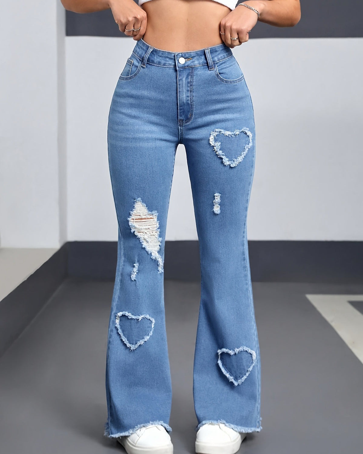 Y2K Heart Shaped Ripped Flare Jeans - Light-Blue