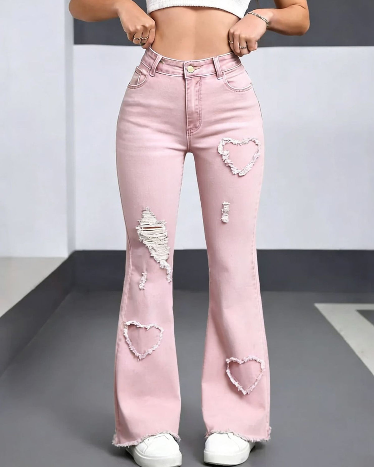 Y2K Heart Shaped Ripped Flare Jeans - Pink
