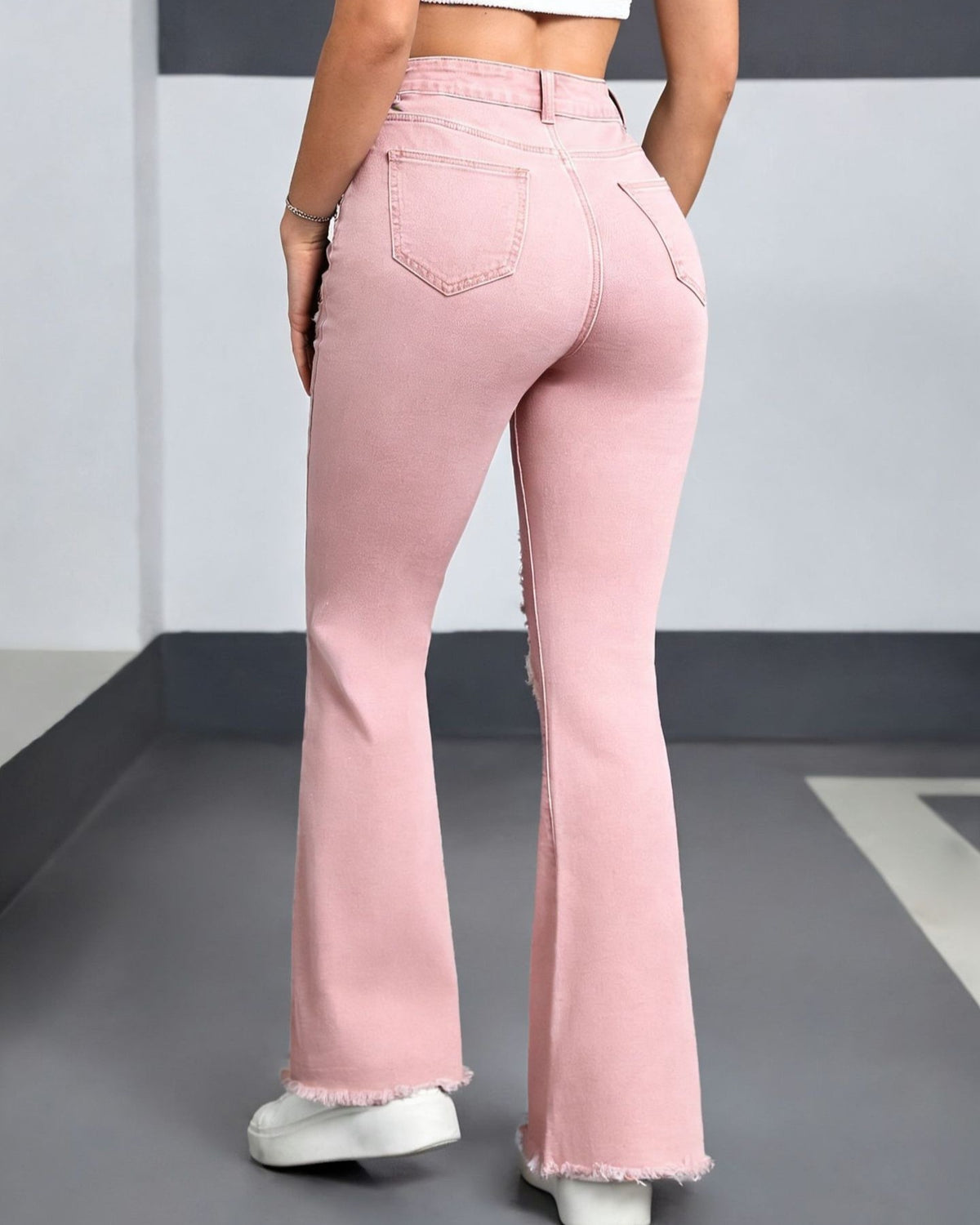 Y2K Heart Shaped Ripped Flare Jeans - Pink - 1