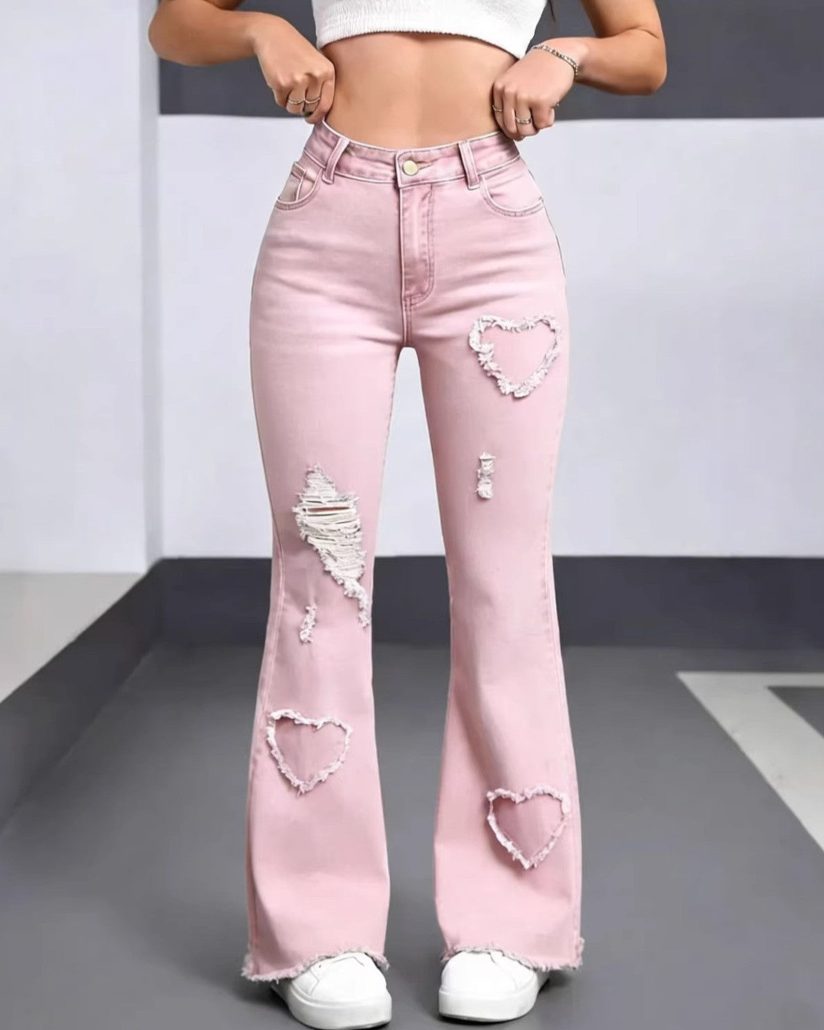 Y2K Heart Shaped Ripped Flare Jeans - Pink - 2