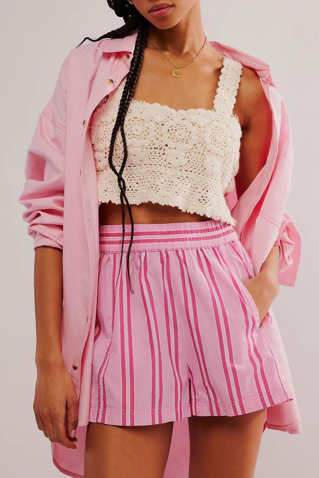 Woven Stripe Pull On Boxer Shorts - Pink