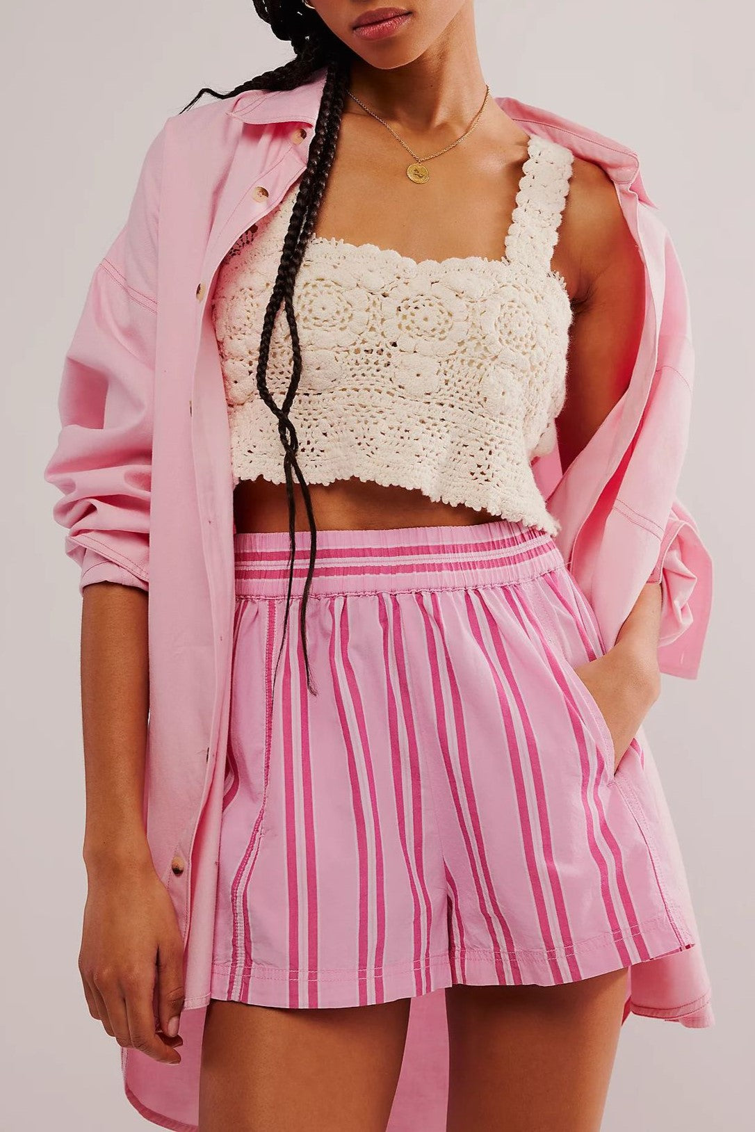 Woven Stripe Pull On Boxer Shorts - Pink