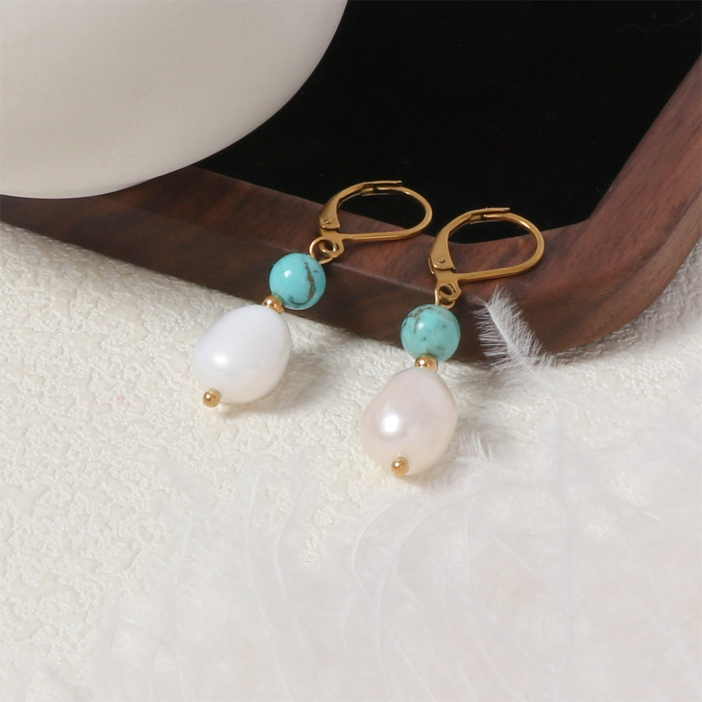 Baroque Pearl Stone Bead Drop Earrings - Blue