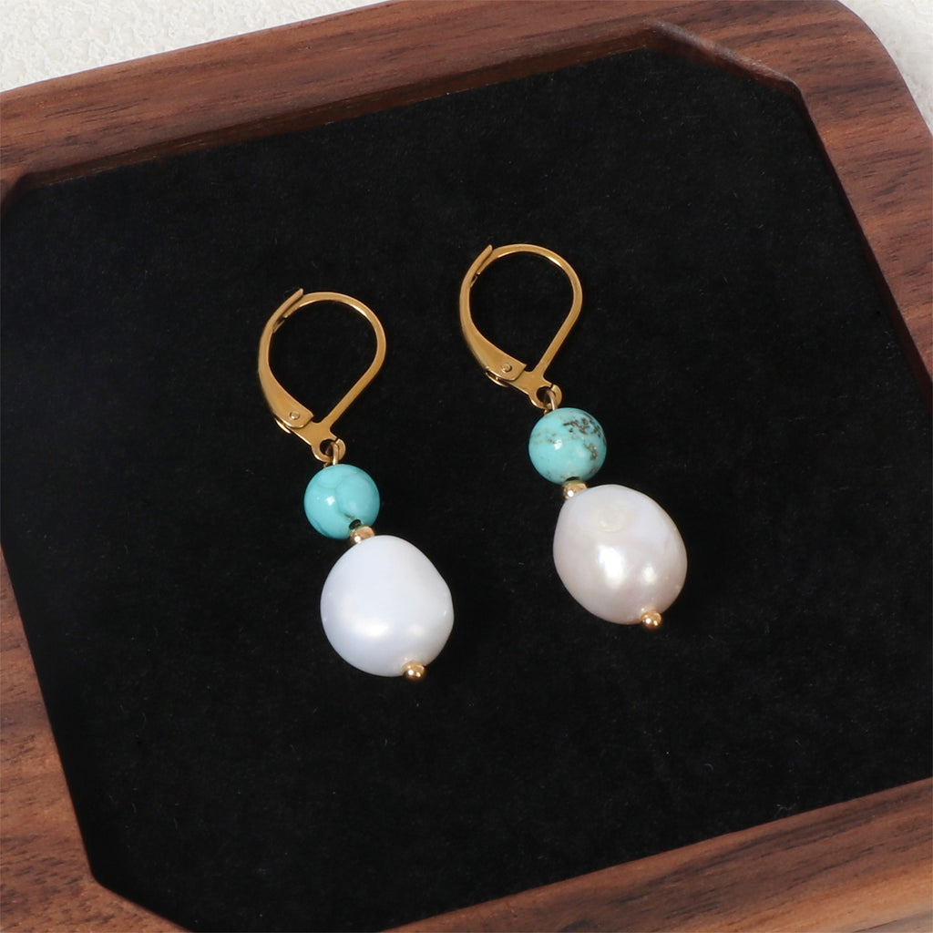 Baroque Pearl Stone Bead Drop Earrings - Blue - 1