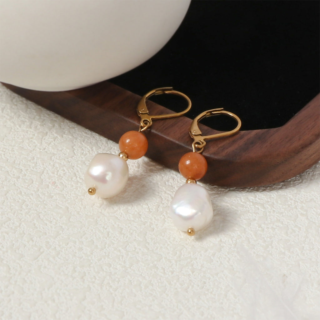Baroque Pearl Stone Bead Drop Earrings - Orange