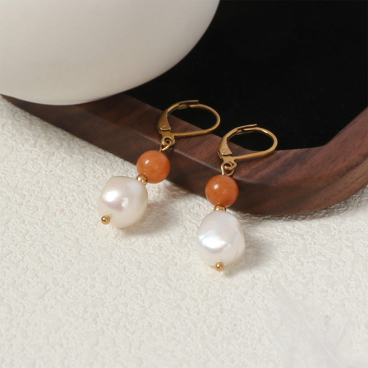 Baroque Pearl Stone Bead Drop Earrings - Orange