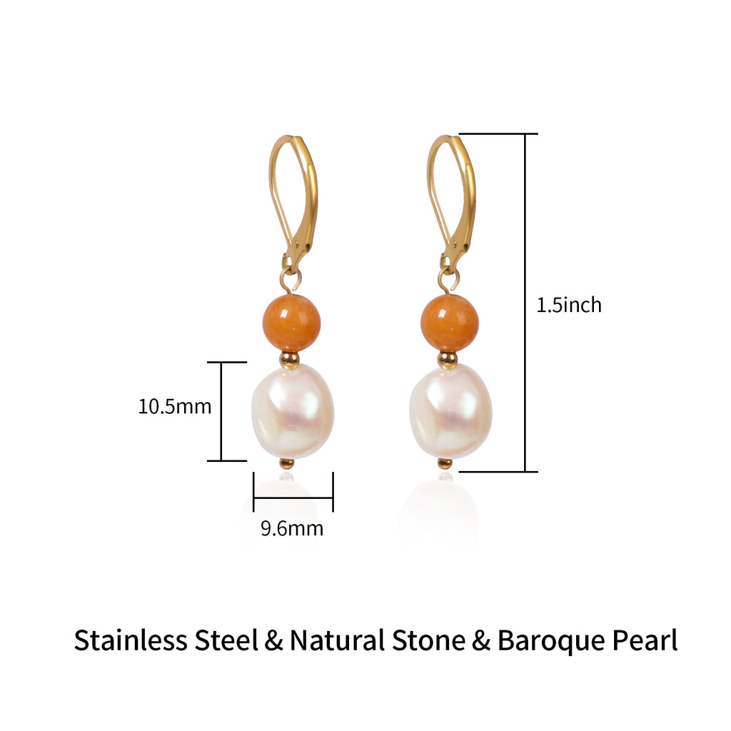 Baroque Pearl Stone Bead Drop Earrings - Orange - 1
