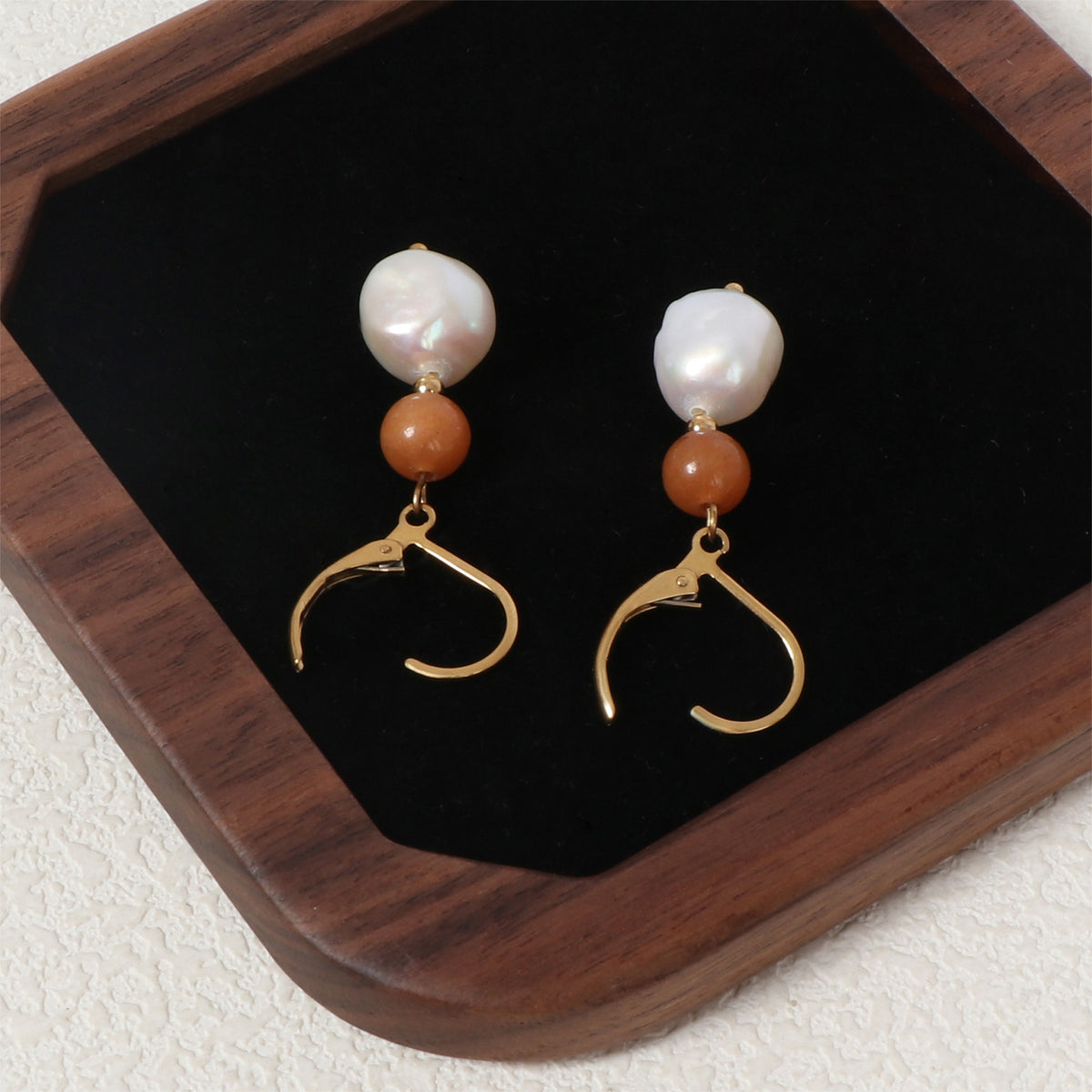 Baroque Pearl Stone Bead Drop Earrings - Orange - 2