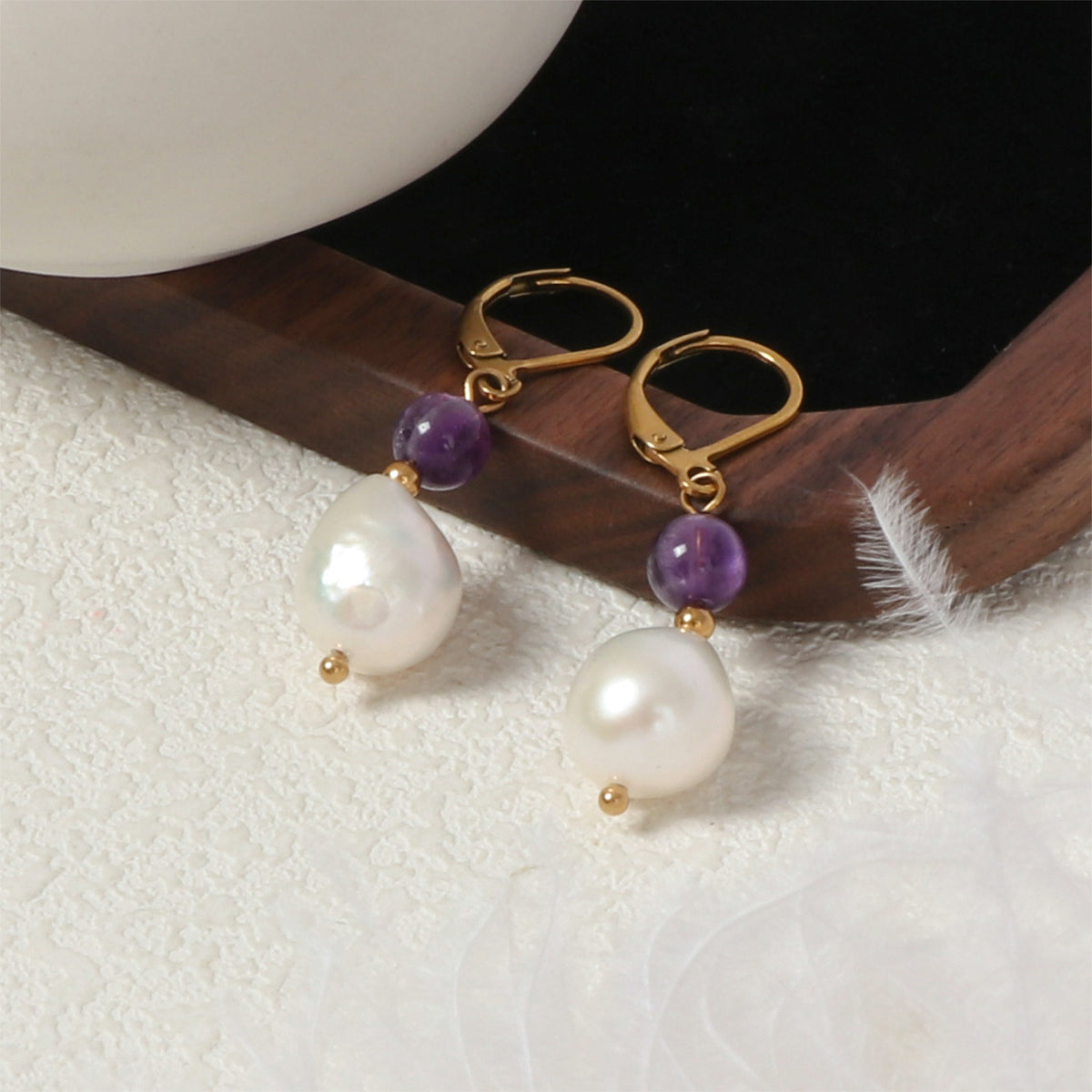 Baroque Pearl Stone Bead Drop Earrings - Purple