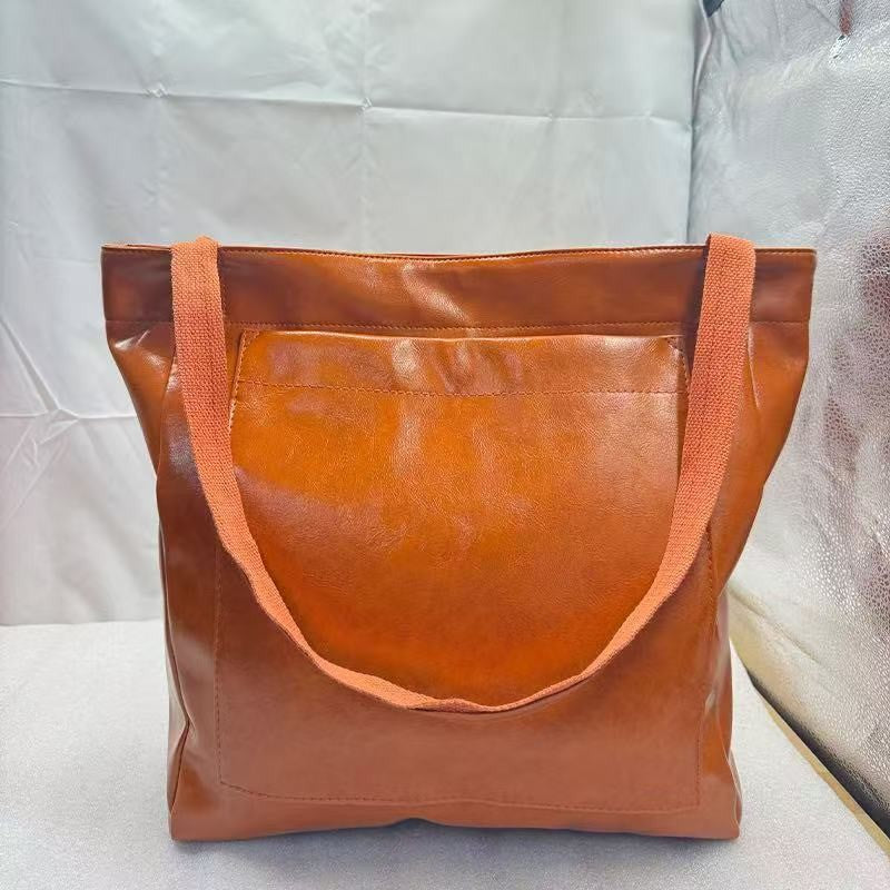 Oversized Vegan Leather Shoulder Tote Bag - Cognac