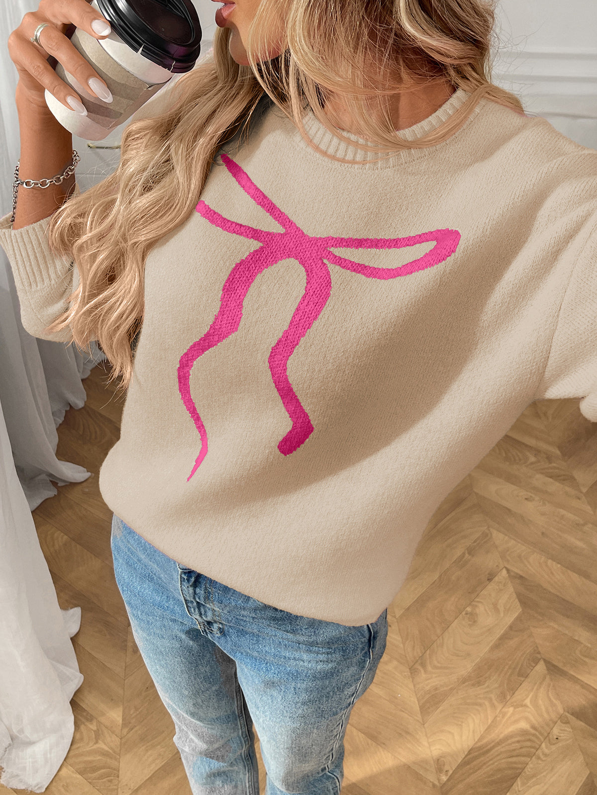 Bow Intarsia Crewneck Drop Shoulder Sweater - Apricot