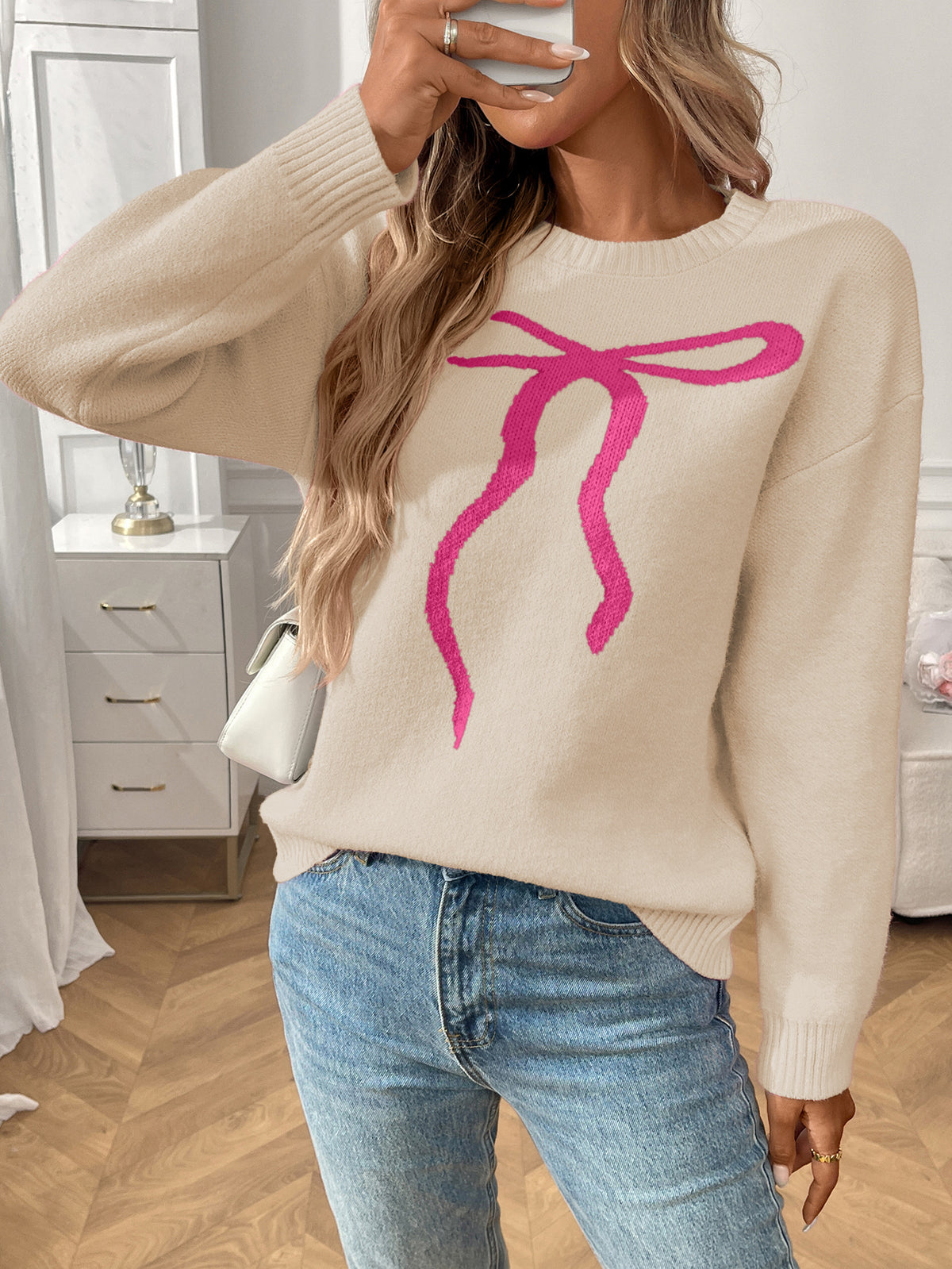 Bow Intarsia Crewneck Drop Shoulder Sweater - Apricot - 1