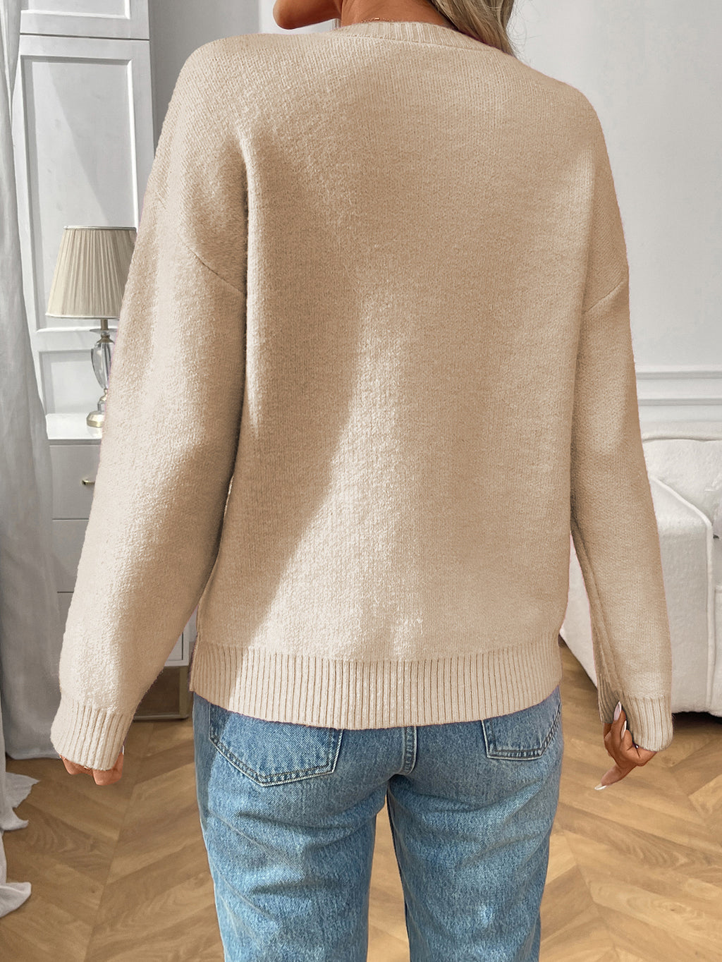 Bow Intarsia Crewneck Drop Shoulder Sweater - Apricot - 2