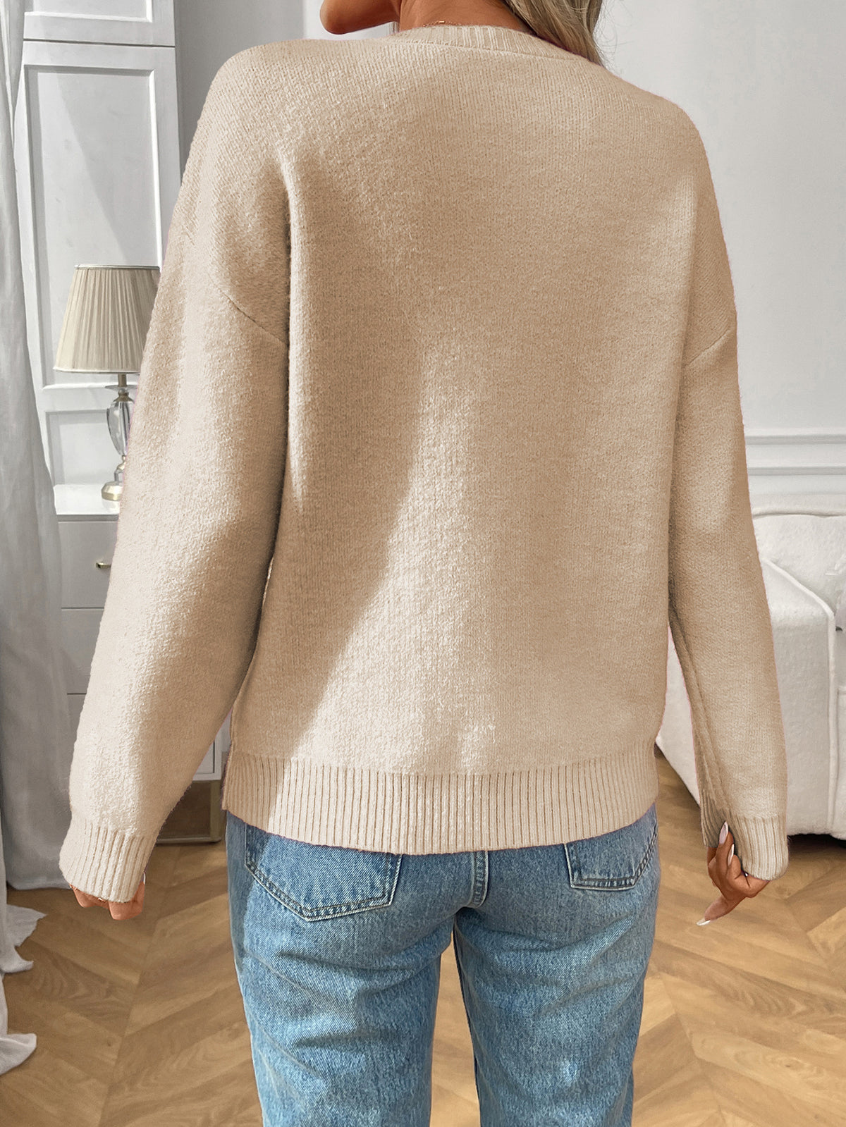 Bow Intarsia Crewneck Drop Shoulder Sweater - Apricot - 2