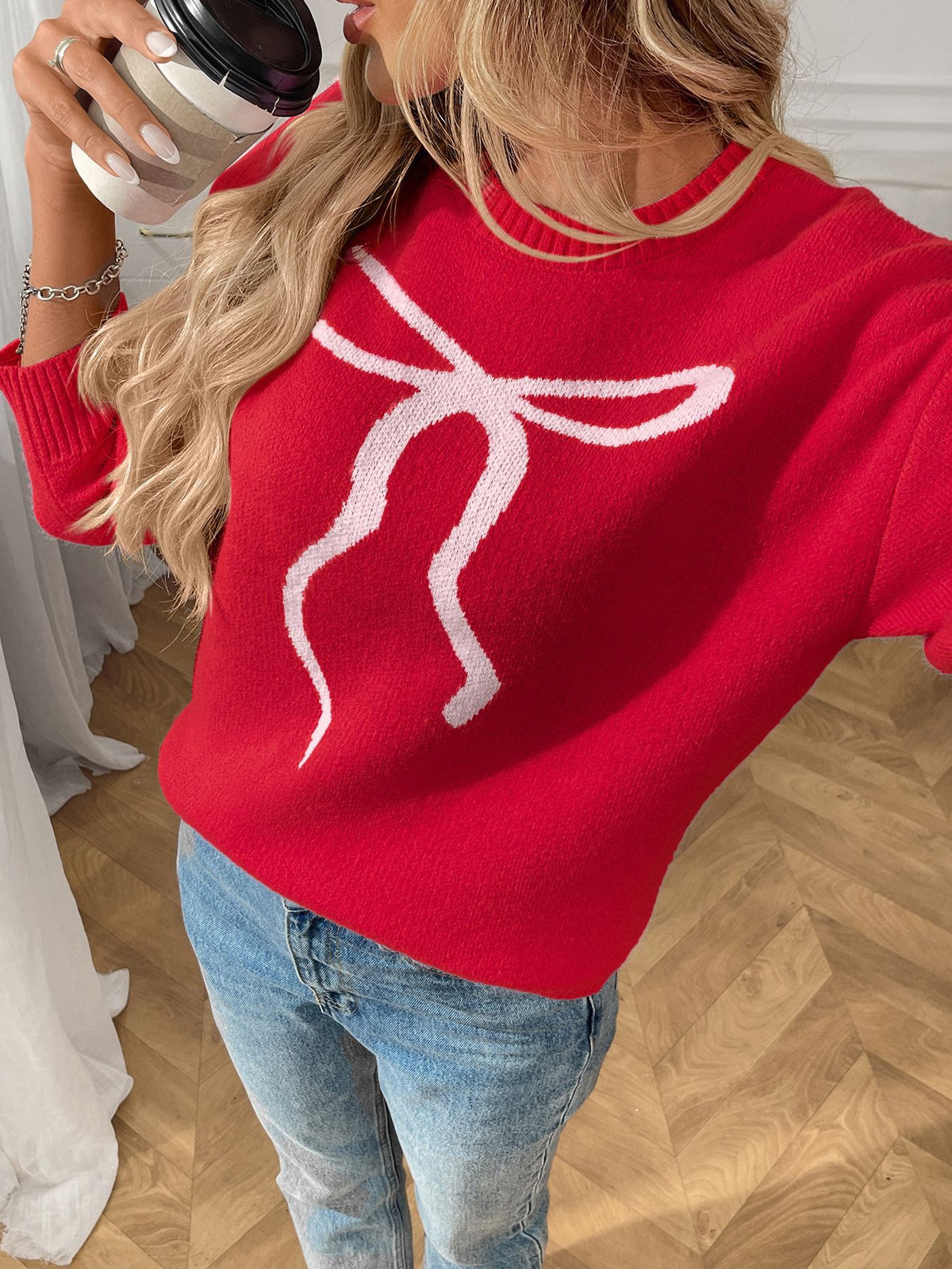 Bow Intarsia Crewneck Drop Shoulder Sweater - Red - 1
