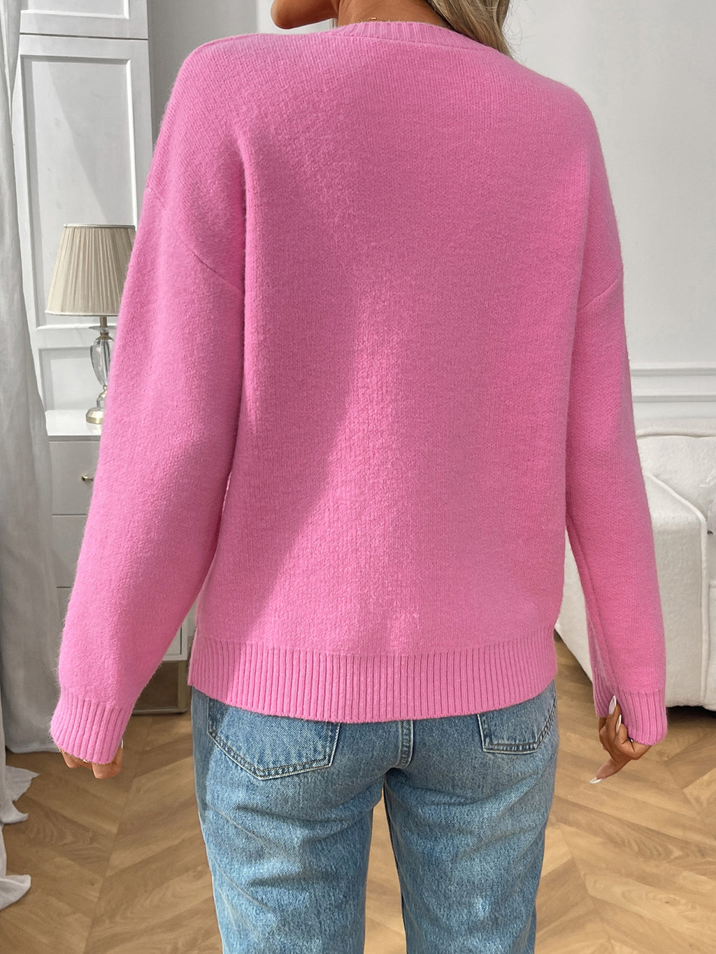 Bow Intarsia Crewneck Drop Shoulder Sweater - RoseRed - 1