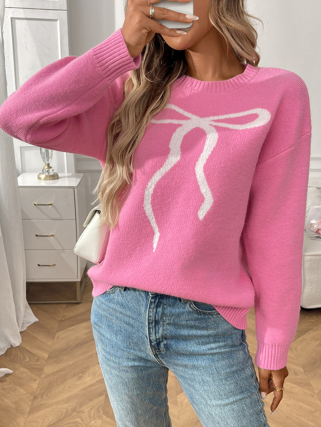 Bow Intarsia Crewneck Drop Shoulder Sweater - RoseRed - 2