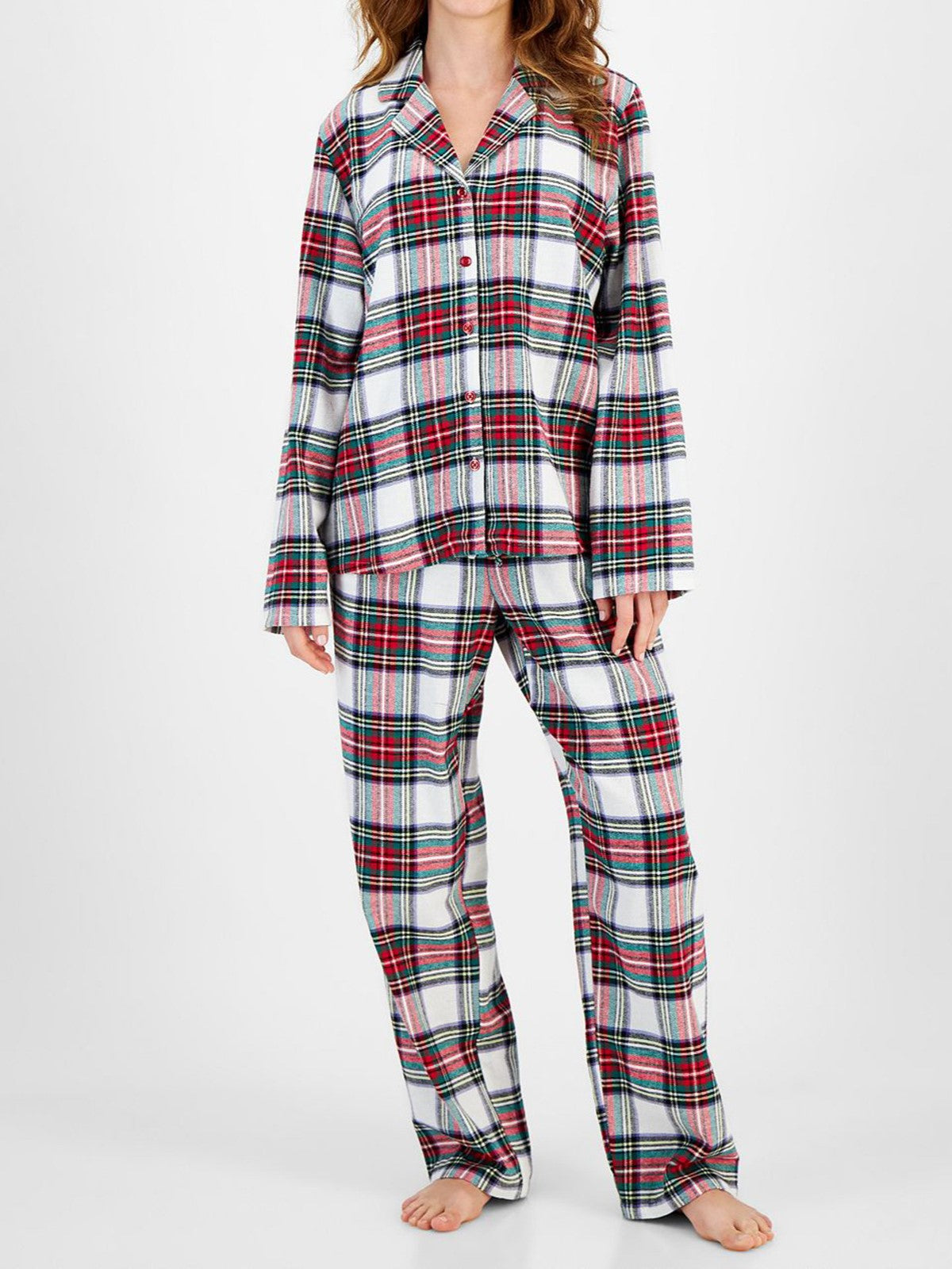 Plaid Button Up Pajama Set - White