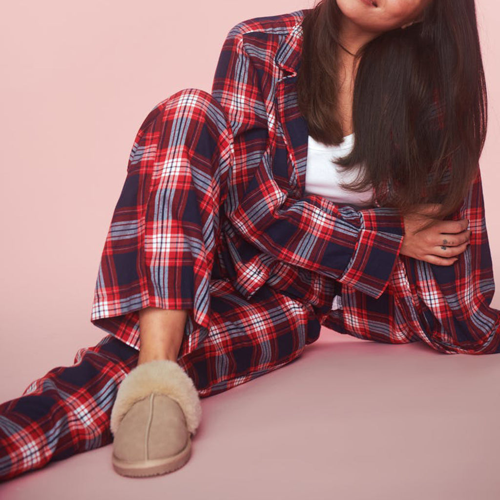Plaid Button Up Pajama Set - WineRed - 1