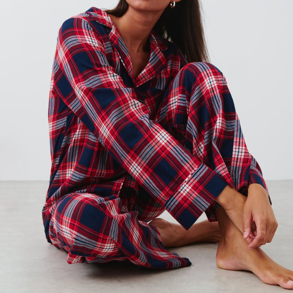 Plaid Button Up Pajama Set - WineRed - 2