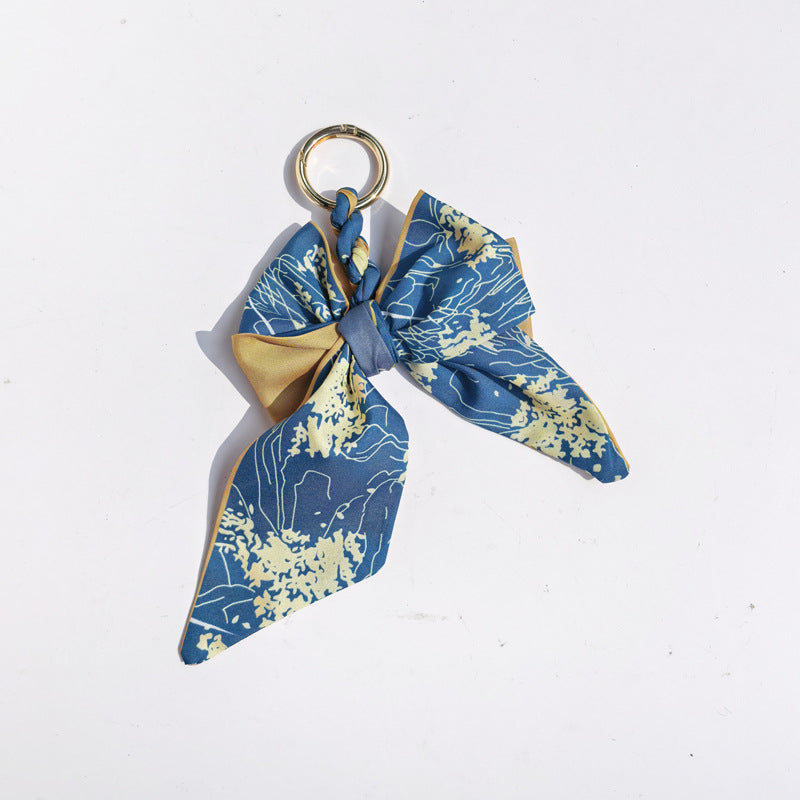 Mixed Print Satin Ribbon Bow Keychain Charm - Blue