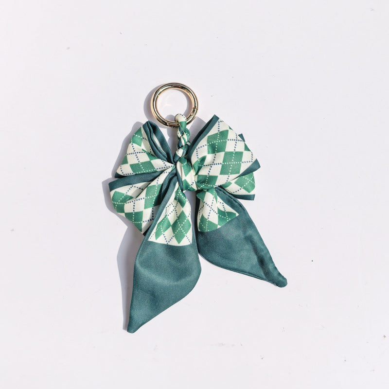 Mixed Print Satin Ribbon Bow Keychain Charm - Green