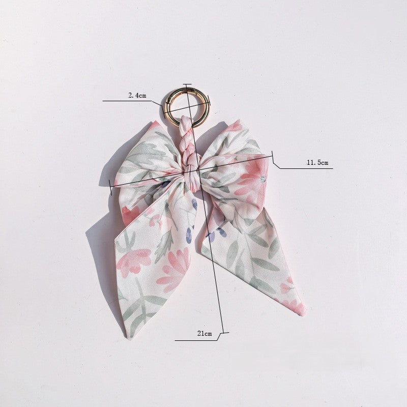 Mixed Print Satin Ribbon Bow Keychain Charm - White