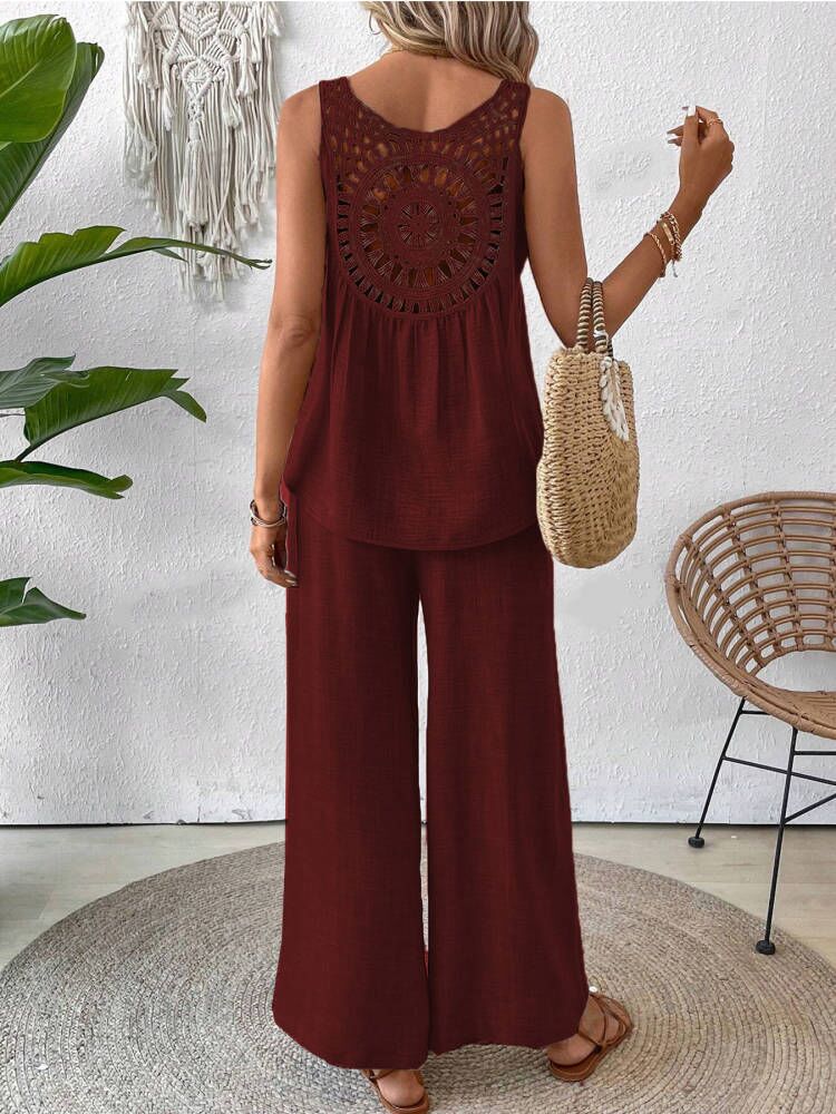 Crochet Back Tank And Wide Leg Pants Set - WineRed