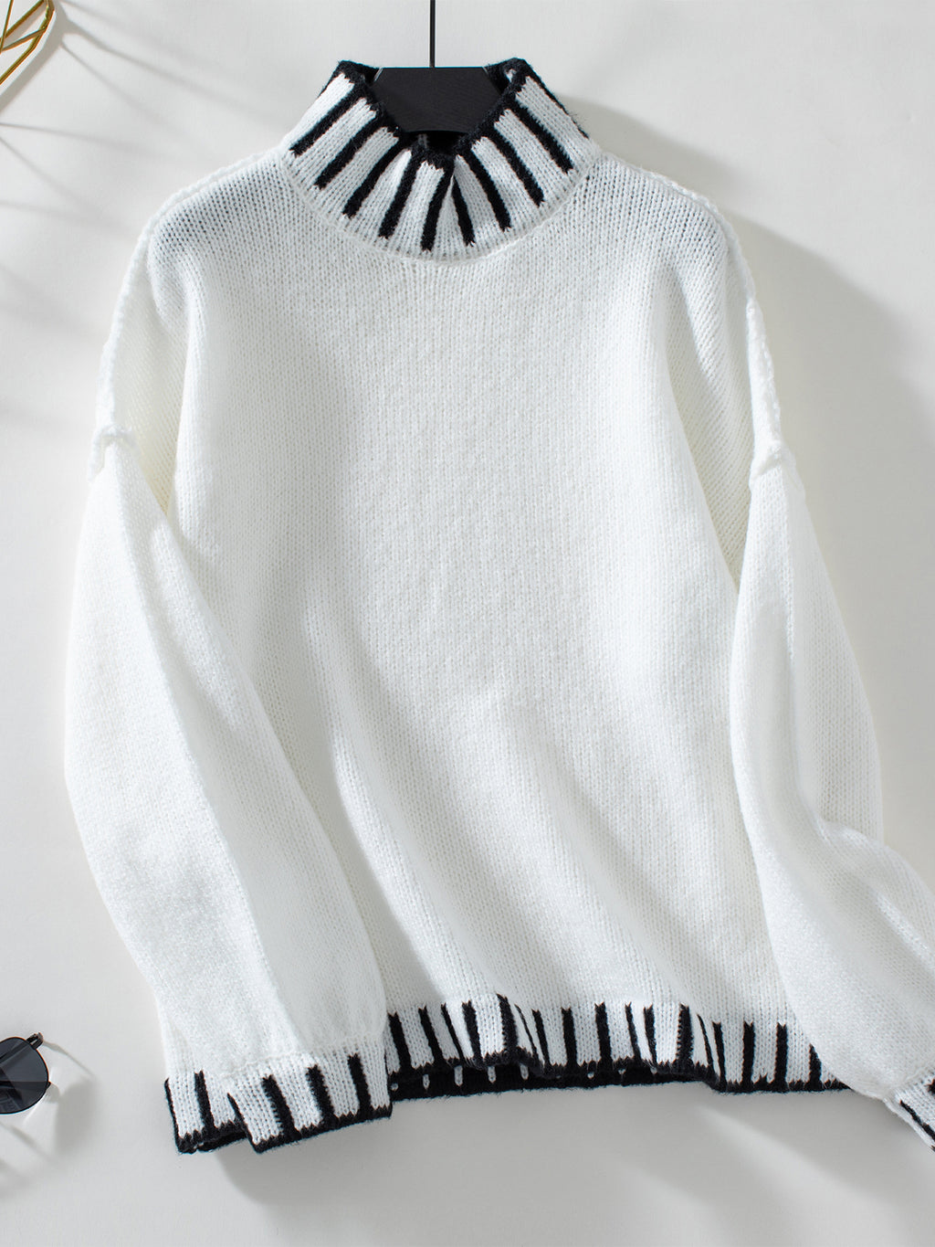 Contrast Trim Mock Neck Oversized Sweater - White