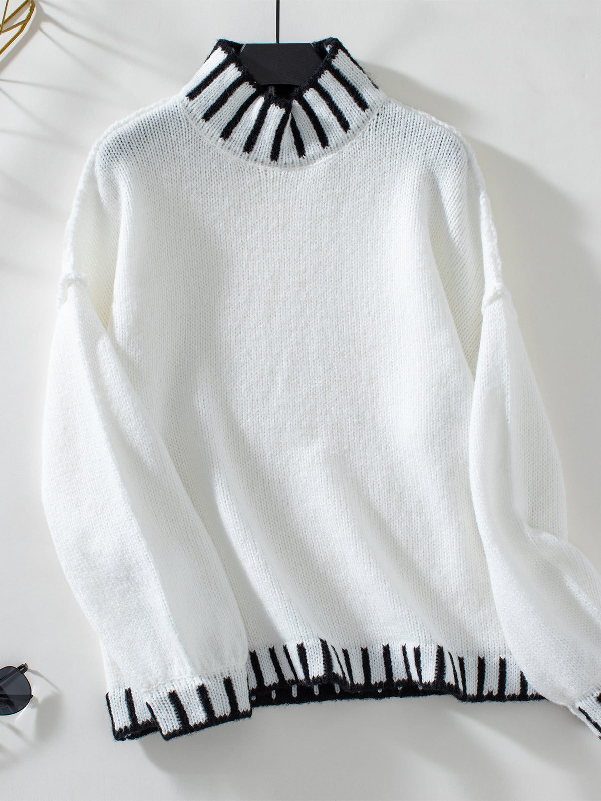 Contrast Trim Mock Neck Oversized Sweater - White