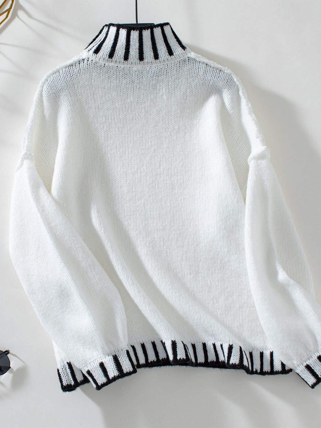 Contrast Trim Mock Neck Oversized Sweater - White - 1