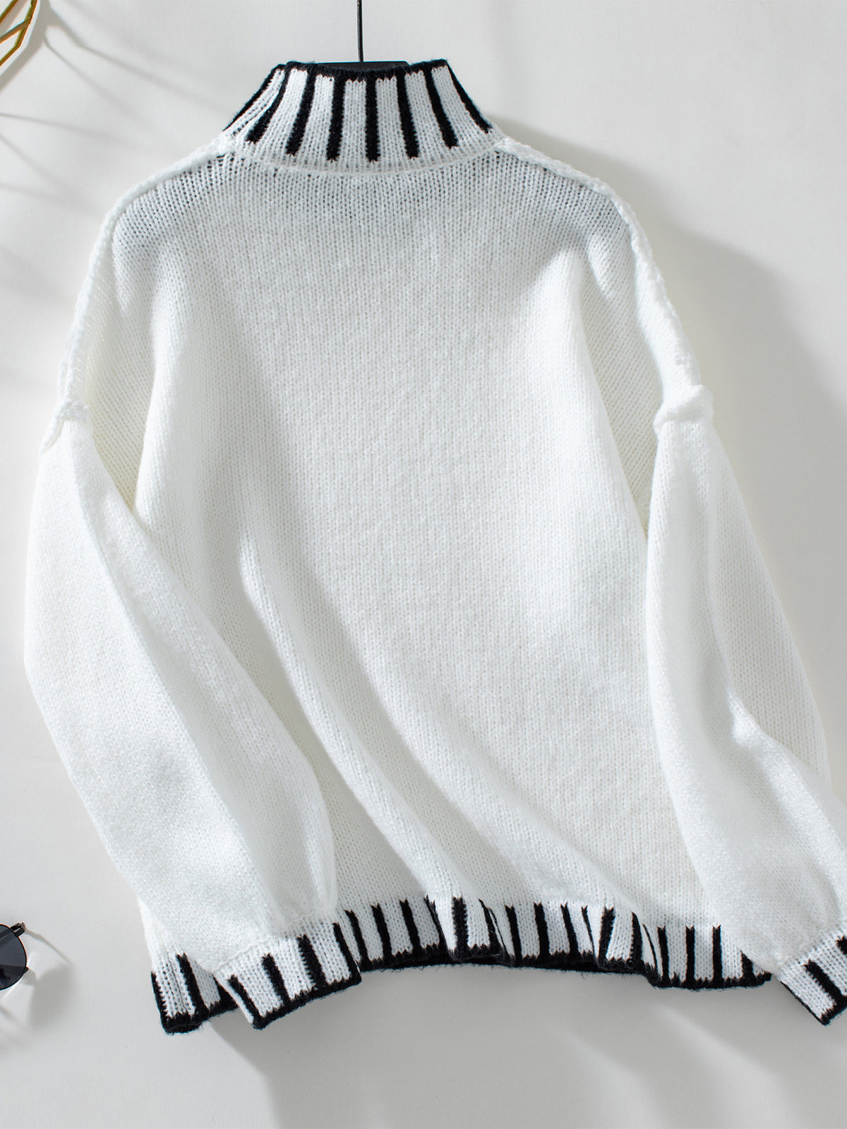 Contrast Trim Mock Neck Oversized Sweater - White - 1
