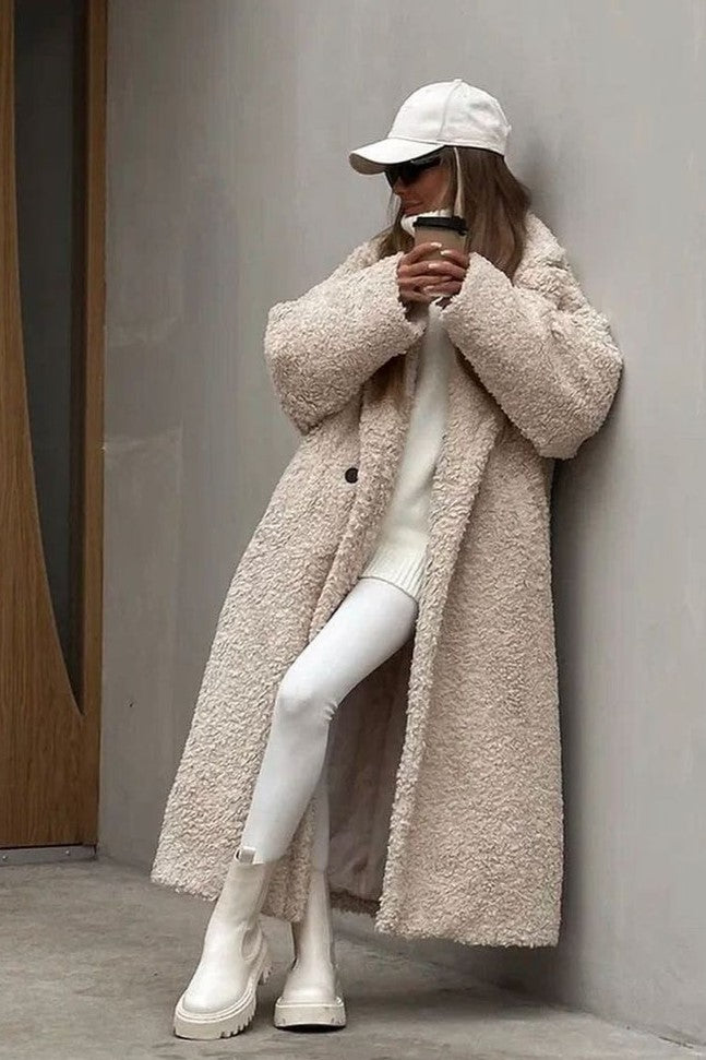 Notch Lapel Teddy Fleece Maxi Coat - Beige