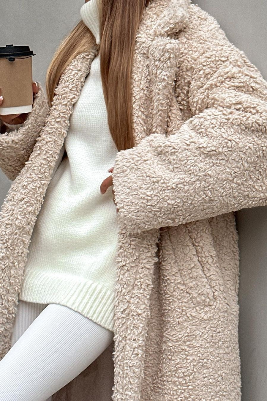 Notch Lapel Teddy Fleece Maxi Coat - Beige - 1