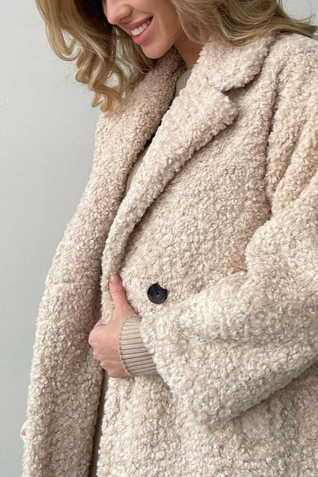 Notch Lapel Teddy Fleece Maxi Coat - Beige - 3