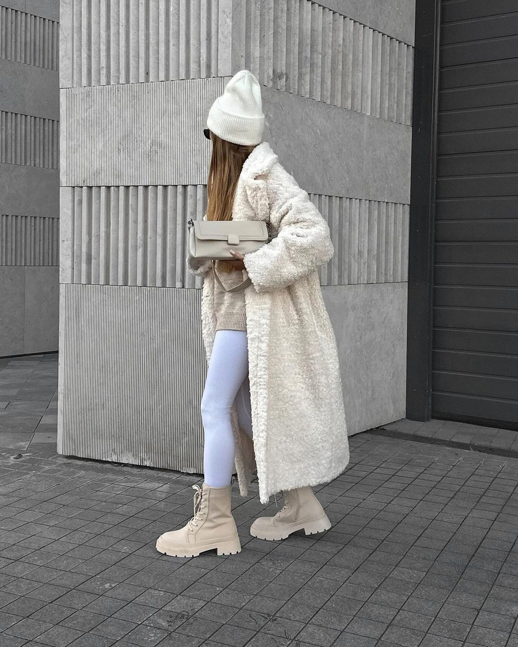 Notch Lapel Teddy Fleece Maxi Coat - Beige - 4
