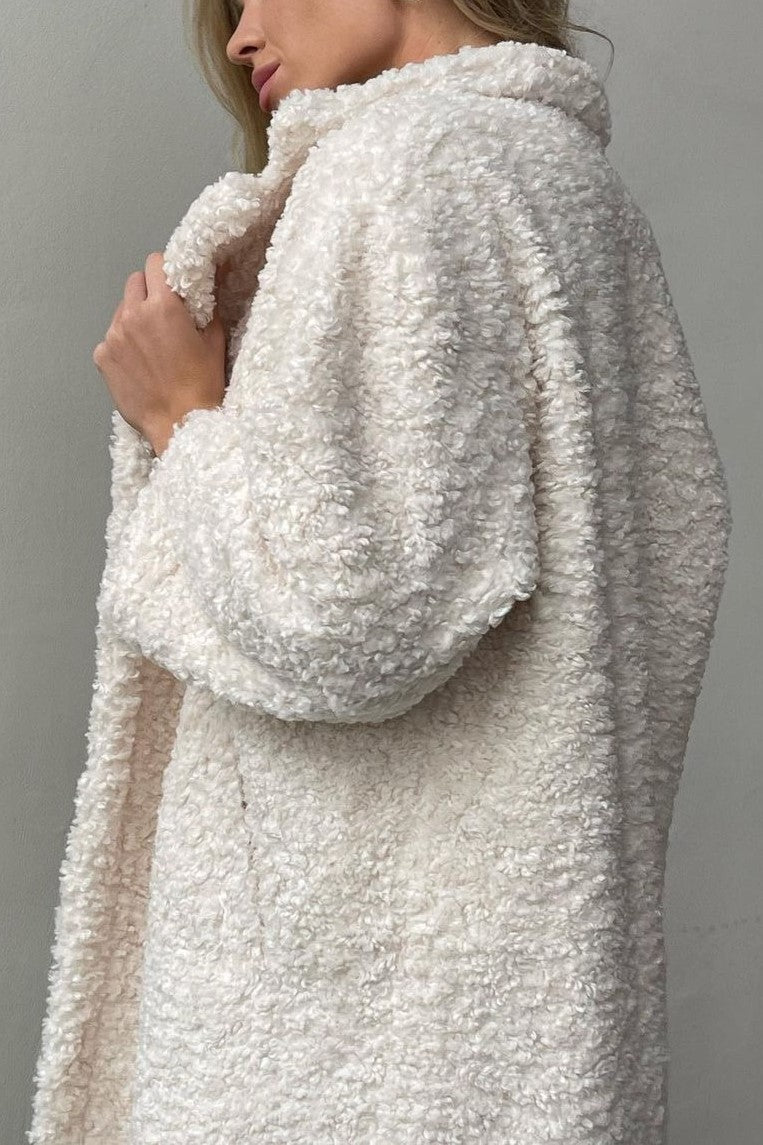 Notch Lapel Teddy Fleece Maxi Coat - Beige - 5